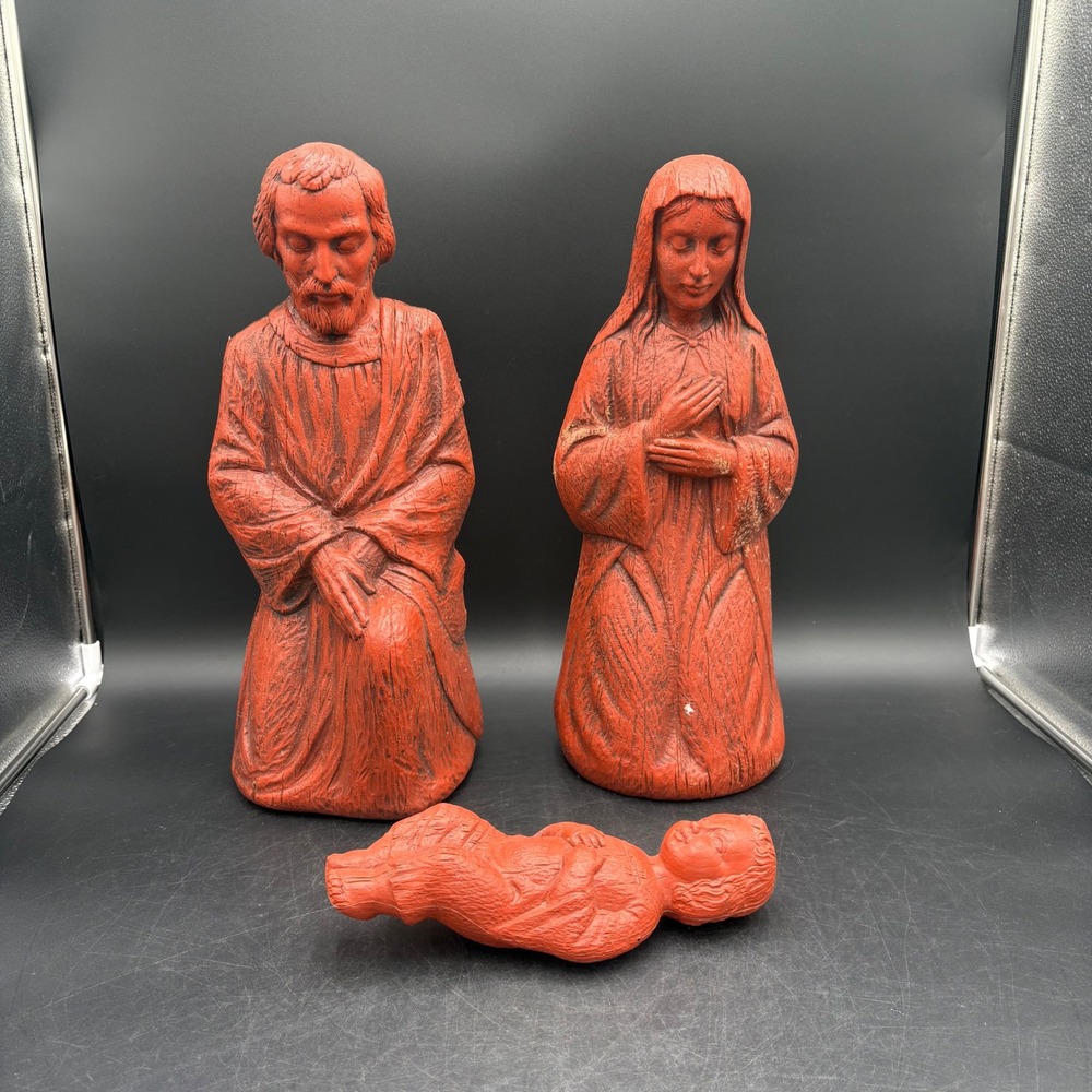 Empire Nativity Set Blow Mold Red 3pc Vtg Terracotta Faux Wood Grain Christmas